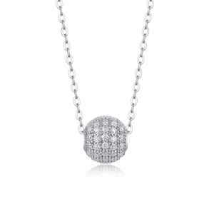 Detail view of the S925 sterling silver ball pendant necklace with pavé moissanite stones