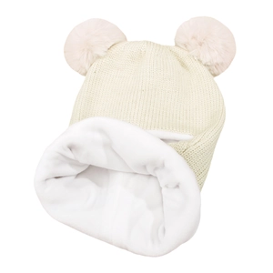 Dettaglio di alta qualità del cappello invernale in maglia color crema per bambini in pile
