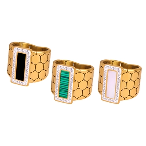 Three gold titanium rings with honeycomb texture and colorful square stone inlay