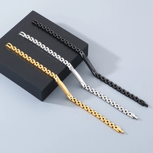 Macro view of 6mm titanium steel ID curb chain bracelets in gold, silver and black