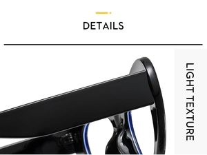 Macro detail of wide glossy black temples and light texture on cat-eye glasses frames