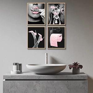Set of 4 fashion bathroom canvas wall art featuring pink glitter lips and toilet decor