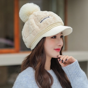 Women Winter Plush Warm Peaked Cap Faux Rabbit Fur Hat With Large Pom Pom Short Brim Ear Protection Fashion Cute