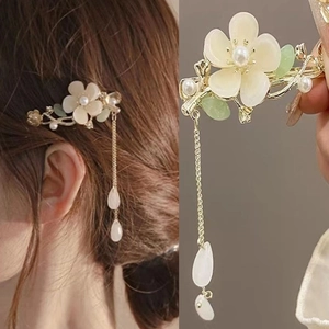 Épingle à cheveux magnolia élégante avec pompons et perles pour coiffures vintage