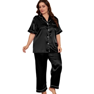 Plus size black silk ice satin sleepwear set with short sleeve top and trousers