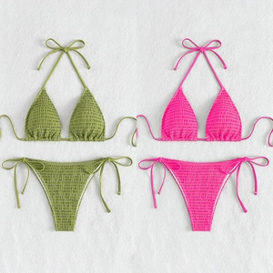 Women Sexy Smocked Halter Bikini Top And Side Tie Bottom Solid Color Beach Vacation Swimwear