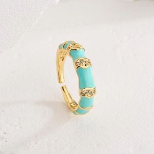 Minimalist 18K gold-plated open ring with sky blue enamel and micro-pave cubic zirconia