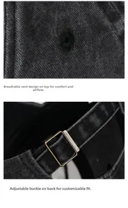 Details der schwarzen Cord-Baseballkappe mit Belüftungsschlitzen und bronzener Metallschnalle