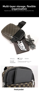 Vista detallada del bolso de pecho de cuero marrón con compartimentos para móvil y accesorios