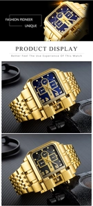 Macro detail of golden square multi-dial quartz watch with polished steel strap