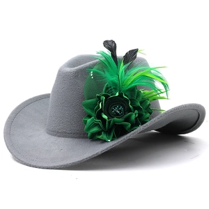 Grey wool felt fedora hat with large green silk flower and long feathers decor