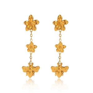 Golden stainless steel bee and flower tassel earrings with a polished metallic finish