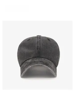 Detailed top view of a washed charcoal grey baseball cap with classic six-panel design