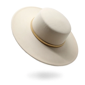 Flat Top Wide Brim Fedora Hat Cotton Polyester Felt With Golden Metal Band Elegant Vintage Boater Sun Protection For Women Men