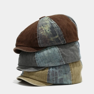 Vintage newsboy caps in washed corduroy and denim patchwork, stack of three colors