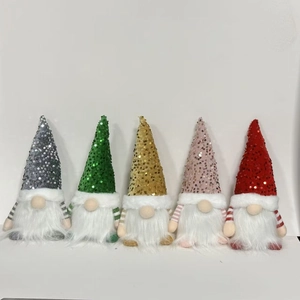 Set of five plush Christmas gnomes with shiny sequin hats in assorted festive colors