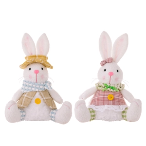 Plush Easter bunnies with glowing lights, festive hats and plaid outfits for home decor