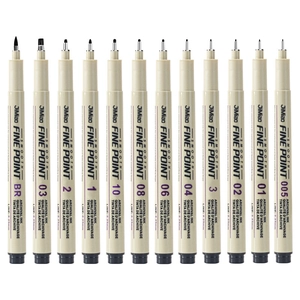 Set of 12 waterproof fine liner pens for sketching and technical drawing in various nib sizes