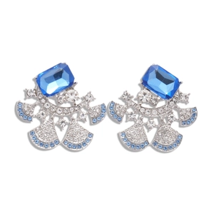 Luxury silver finish earrings featuring blue square crystals and rhinestone fan drops