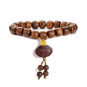 Polished dark rosewood prayer beads bracelet with peace pendant and colorful knot