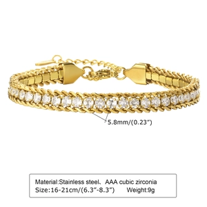 Detail showing 18K gold stainless steel chain bracelet with AAA zircon and measurements