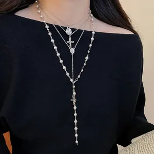 Multi Layer Necklace Alloy Imitation Artificial Pearl Cross Virgin Mary Pendant Y2K Gothic Retro Religious Jewelry For Women