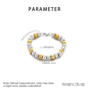 Detail view of gold and silver beaded stainless steel bracelet with sizing parameters