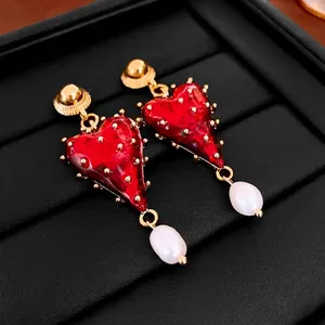 Vintage heart earrings with red enamel and baroque pearl drops in gold plating