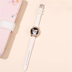 Cute cat ear rose gold watch with white leather strap and roman numeral dial