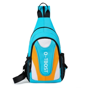 Outdoor versatile sky blue crossbody chest bag with orange accents and mesh pocket