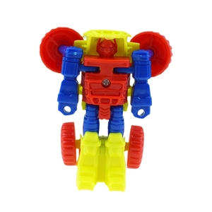 Detailed close-up of a tricolor mini robot toy with articulated blue red and yellow parts