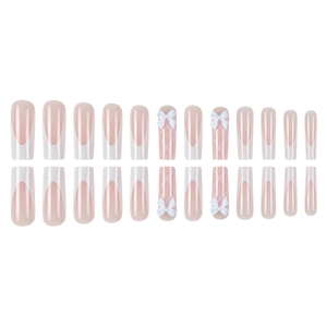 French tip press-on nails with 3D white bows and pearl accents in long coffin shape