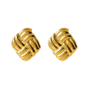 Elegant 18k gold plated stainless steel square earrings with textured woven pattern design