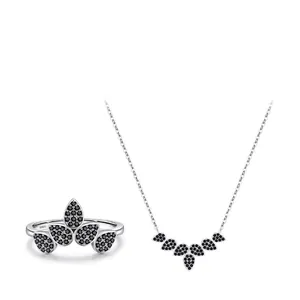 Elegant Leaf Necklace And Ring 925 Sterling Silver Jewelry With Black Zircon Waterdrop Petal Design For Women Fashion