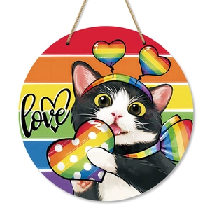 Rainbow cat Love round wooden door sign with rustic rope for home farmhouse decor