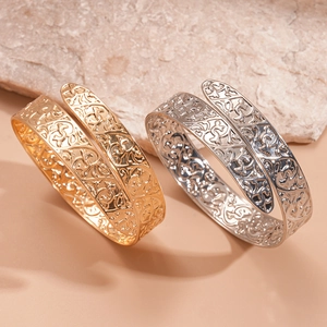Chic gold and silver geometric open cuff bracelets with intricate hollow floral patterns