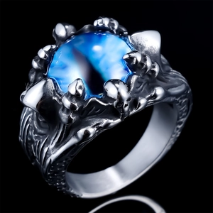 Gothic punk stainless steel dragon claw ring featuring a blue evil eye stone centerpiece