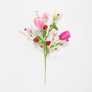 Detail of faux tulips and heart-shaped berries floral arrangement for home decoration