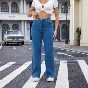 Women's high waist wide leg denim jeans in dark blue wash with a loose straight cut