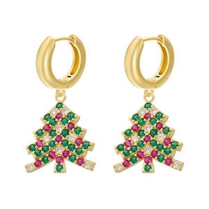 Detail of Christmas tree huggie earrings with red, green, and white pavé-set gemstones
