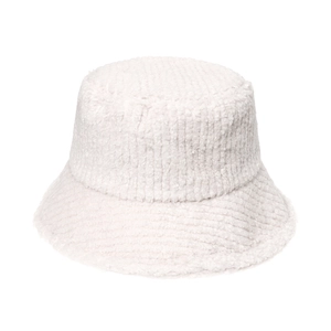 Winter plush white bucket hat with thick striped knit texture for men and women