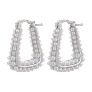 Elegant U-shaped silver metal earrings with white round pearls and secure snap closure