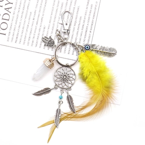 Macro shot of boho dreamcatcher keychain with yellow feathers and Hamsa Hand detail