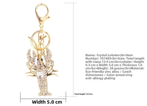 Detailed view of crystal lobster keychain with 13.9cm total length and size dimensions
