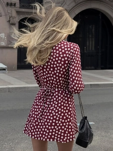 Red long sleeve polka dot mini dress with back waist tie and lightweight flowy fabric