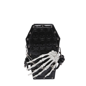 Gothic coffin shaped handbag in black PU leather with skull embossing and bone hand