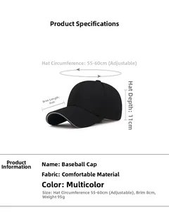Guide des tailles détaillé pour casquette de baseball noire avec sangle réglable et visière