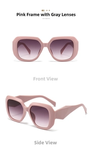 Detail of pink irregular frame sunglasses with purple gradient lenses from two angles