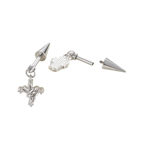 Surgical steel industrial barbell with cubic zirconia star and snake cross pendant