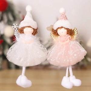 Detailed view of white and pink Christmas angel dolls with tulle skirts and glittery wings